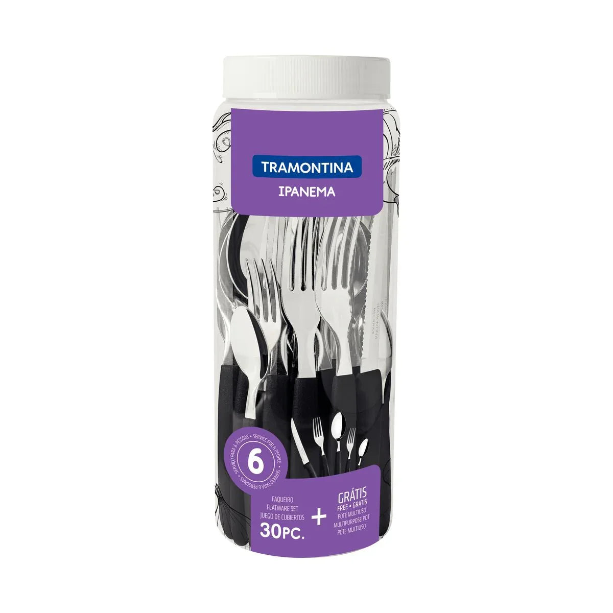 Conjuntos de talheres 30Pçs Ipanema Preto Lâminas Aço Inox Tramontina - Loja Do Thor
