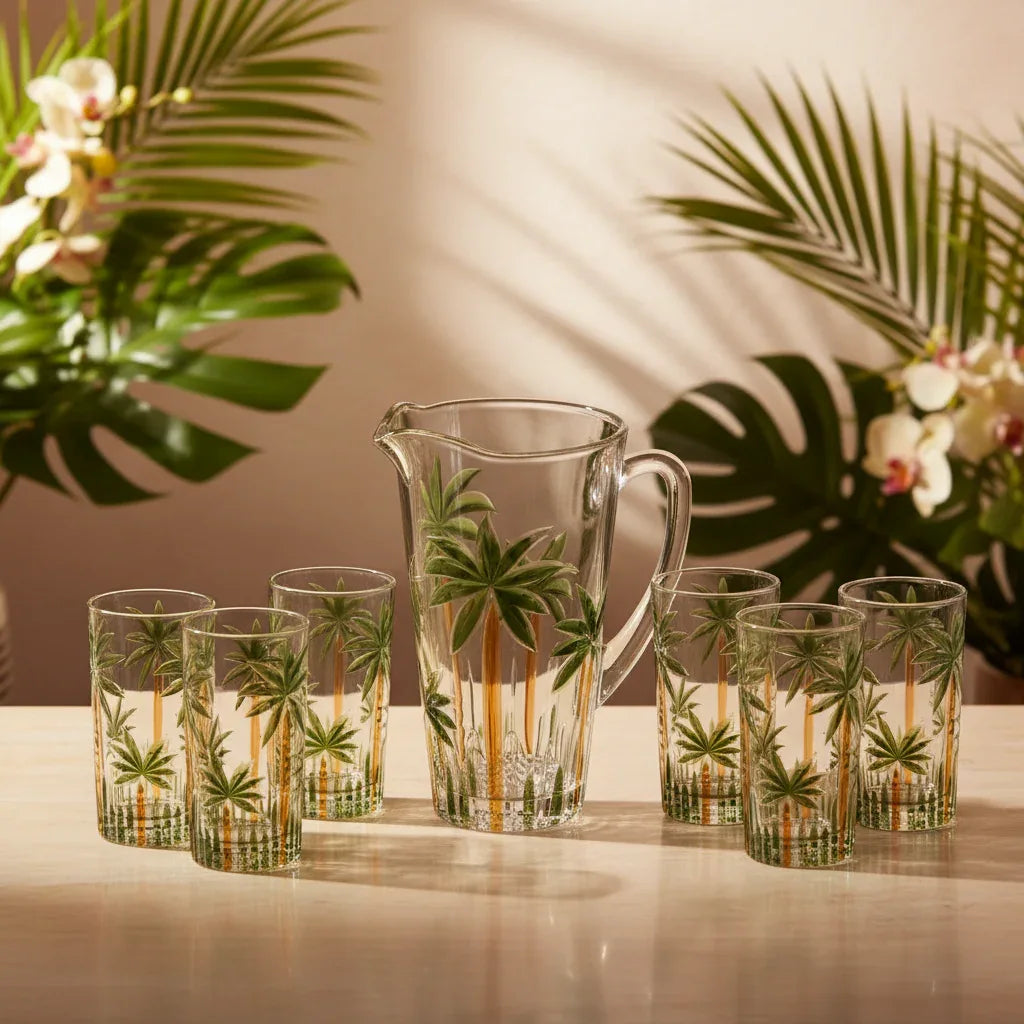 Conjunto Jarra 6 Copos Palm Tree Handpaint Cristal - Wolff - Loja Do Thor