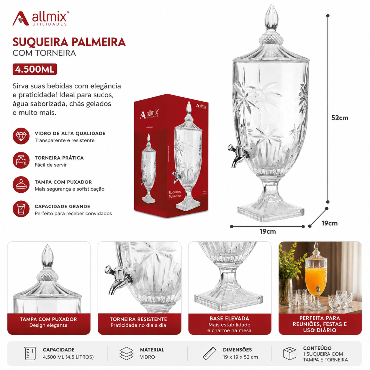 Suqueira De Vidro Palmeira 4500ML – 10147 Allmix