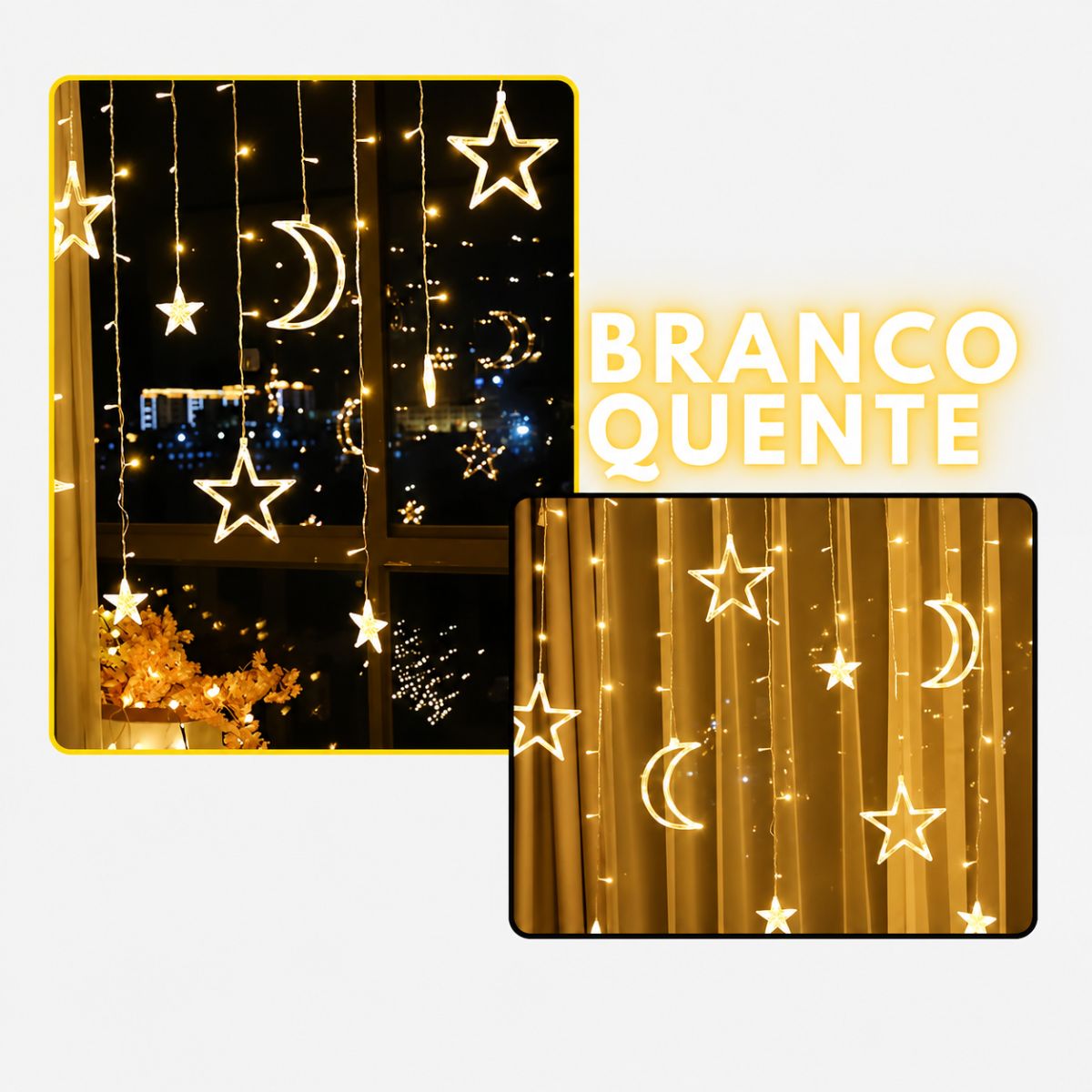 Cascata 138 Leds Lua e Estrela 127V Branco Quente 3x1M - Grillo