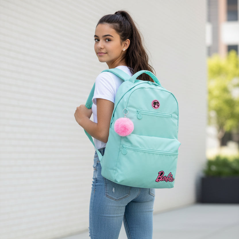 Mochila de Costas 18 Barbie Turquesa Com Pompom Luxcel
