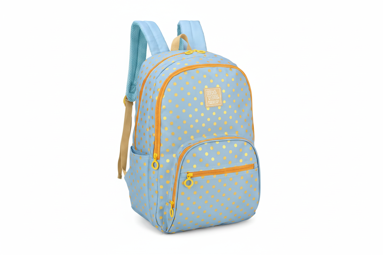 Mochila de Costas UP4YOU Azul com Bolinhas Laranja - Luxcel