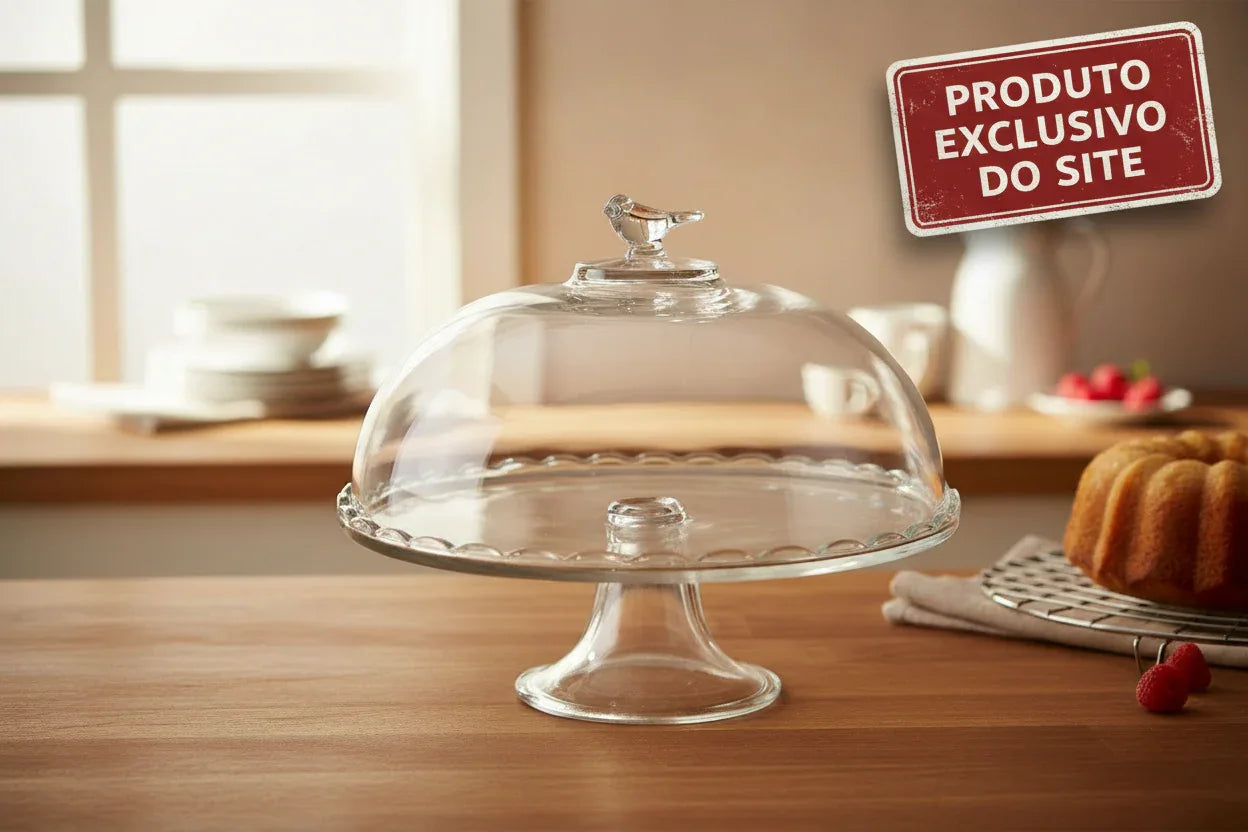 Prato para Bolo com Pé e Tampa Bird Vidro - Wolff - Loja Do Thor