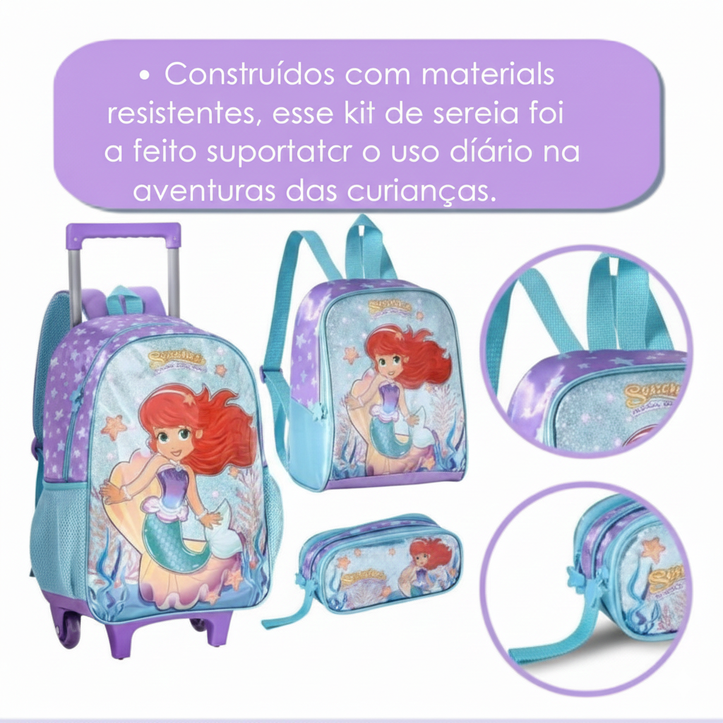 Kit Mochila Carrinho 16 Estojo e Lancheira Sereias Encantos