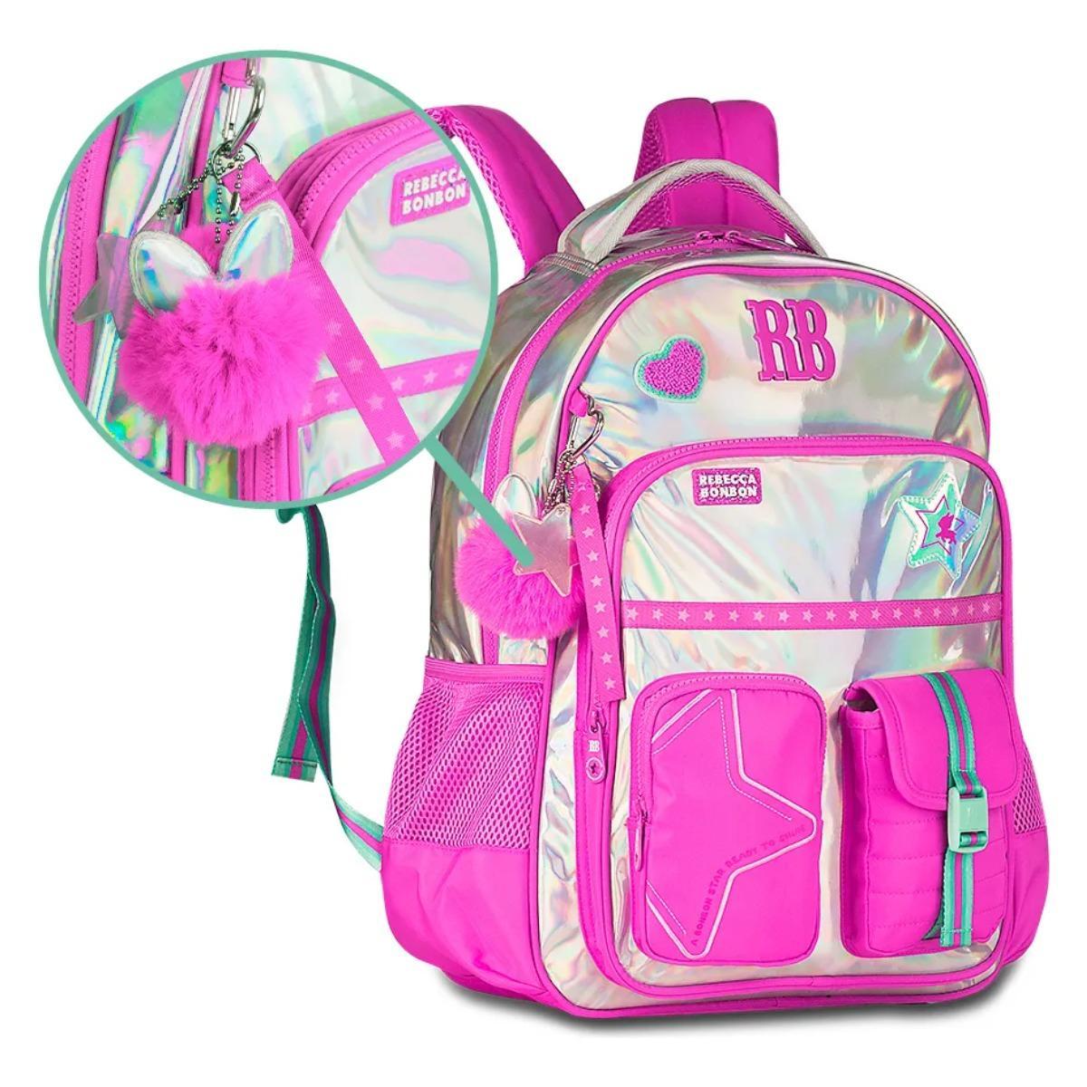 Mochila Escolar De Costas Rebecca Bonbon Holografico Rosa
