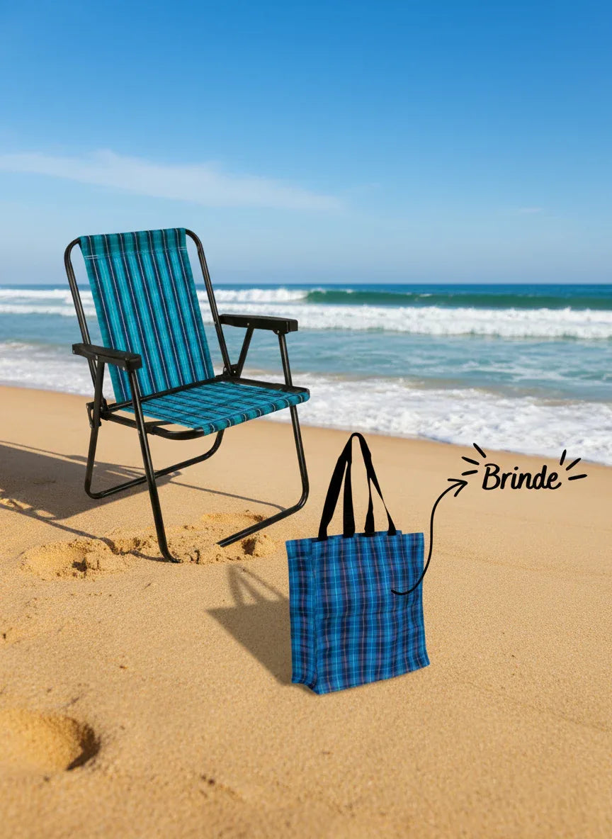 Cadeira De Praia Alta Xadrez Azul Marine Mor - Loja Do Thor