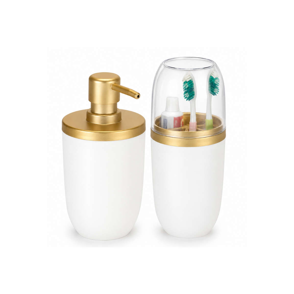 Kit Porta Sabonete Liquido 500ml e Porta Escova Branco Com Dourado - Arthi