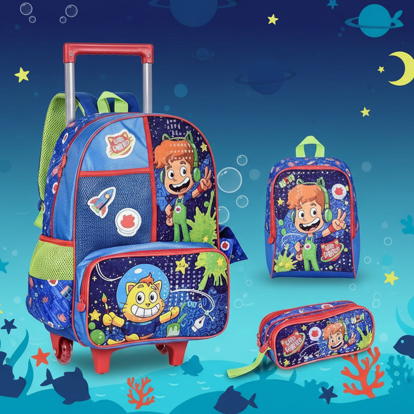 Kit Mochila de Rodinhas Estojo e Lancheira Gato Galactico - Loja Do Thor