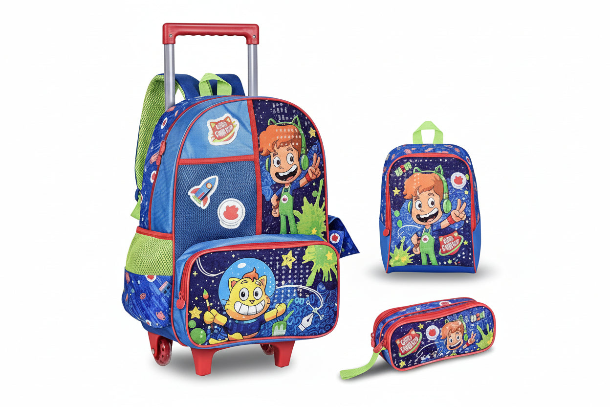 Kit Mochila de Rodinhas Estojo e Lancheira Gato Galactico - Loja Do Thor