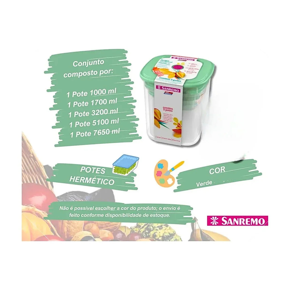 Conjunto 5 Potes Quadrados Verde Plástico Sanremo 490/2C - Loja Do Thor