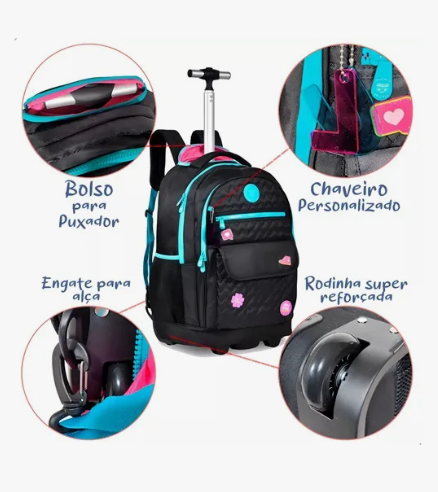 Mochila Rodinhas Luluca Bolsa Escolar Preto  33L - LU24085