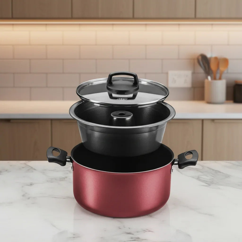 Conjunto Pudim Banho Maria Com Tampa De Vidro 3,2L Cereja - Loja Do Thor