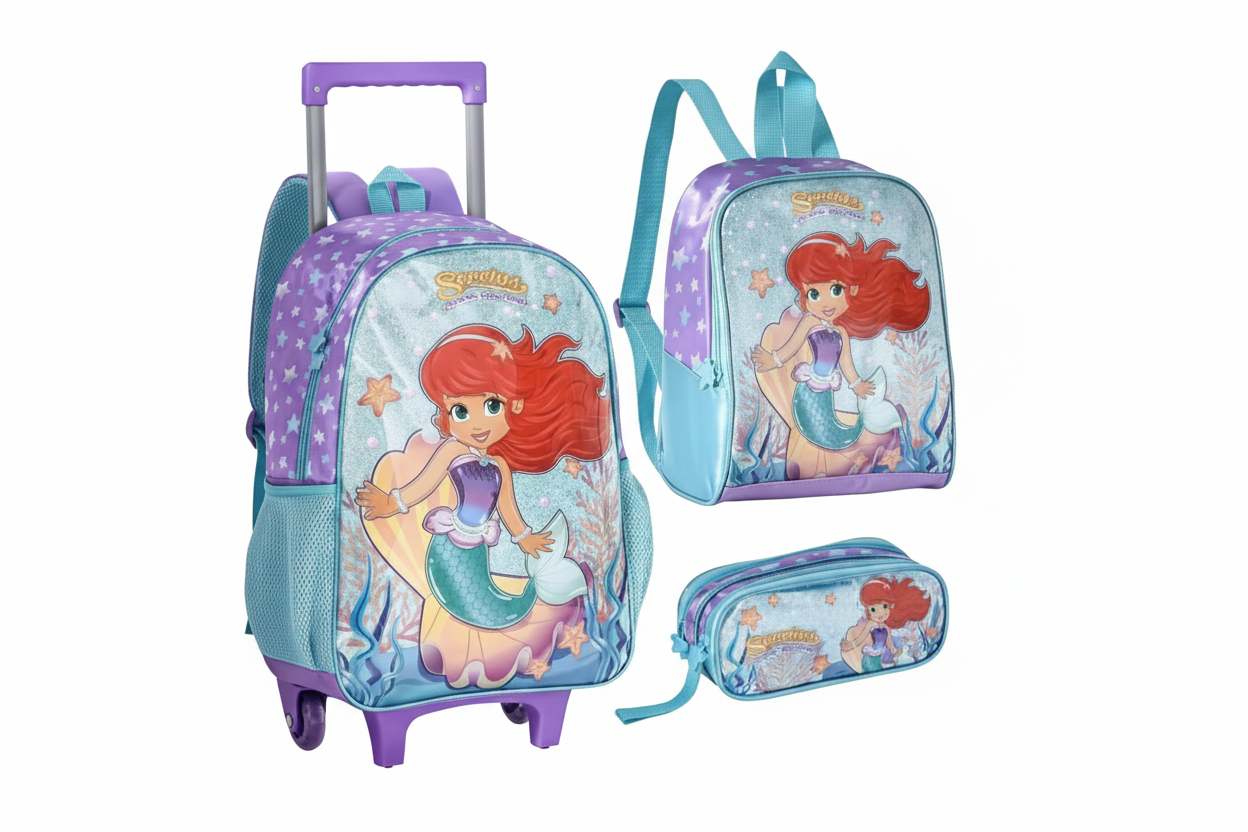 Kit Mochila Carrinho 16 Estojo e Lancheira Sereias Encantos