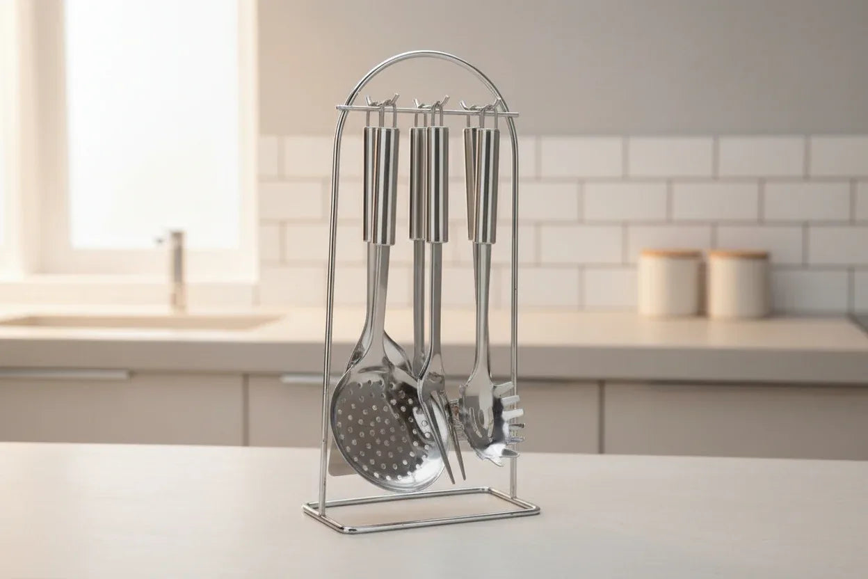 Jogo de Utensilios de Cozinha com 7 Pecas e Suporte em Inox - Loja Do Thor