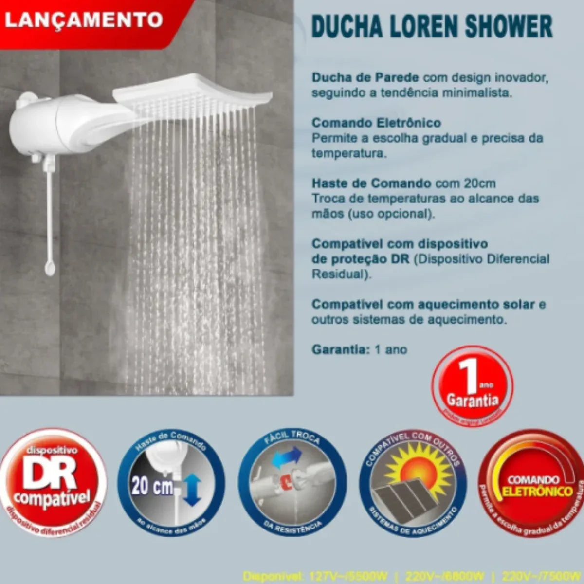 Ducha Lorenzetti Loren Shower Eletrônica 7500W - 220V - Loja Do Thor