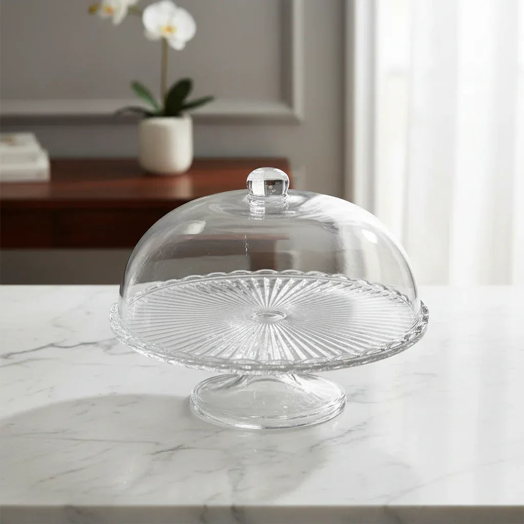 Prato para Bolo com Pé de Vidro e Tampa Bangkok 29cmx21cm - Loja Do Thor