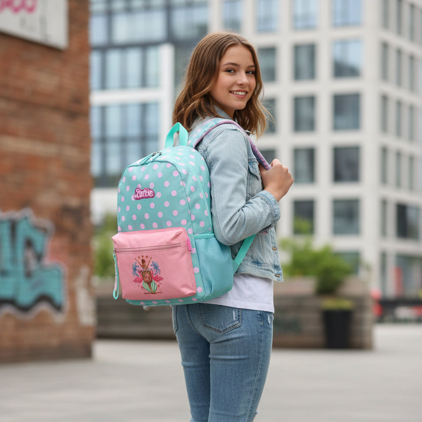 Mochila De Costas Barbie Verde E Rosa Bolinhas - Luxcel