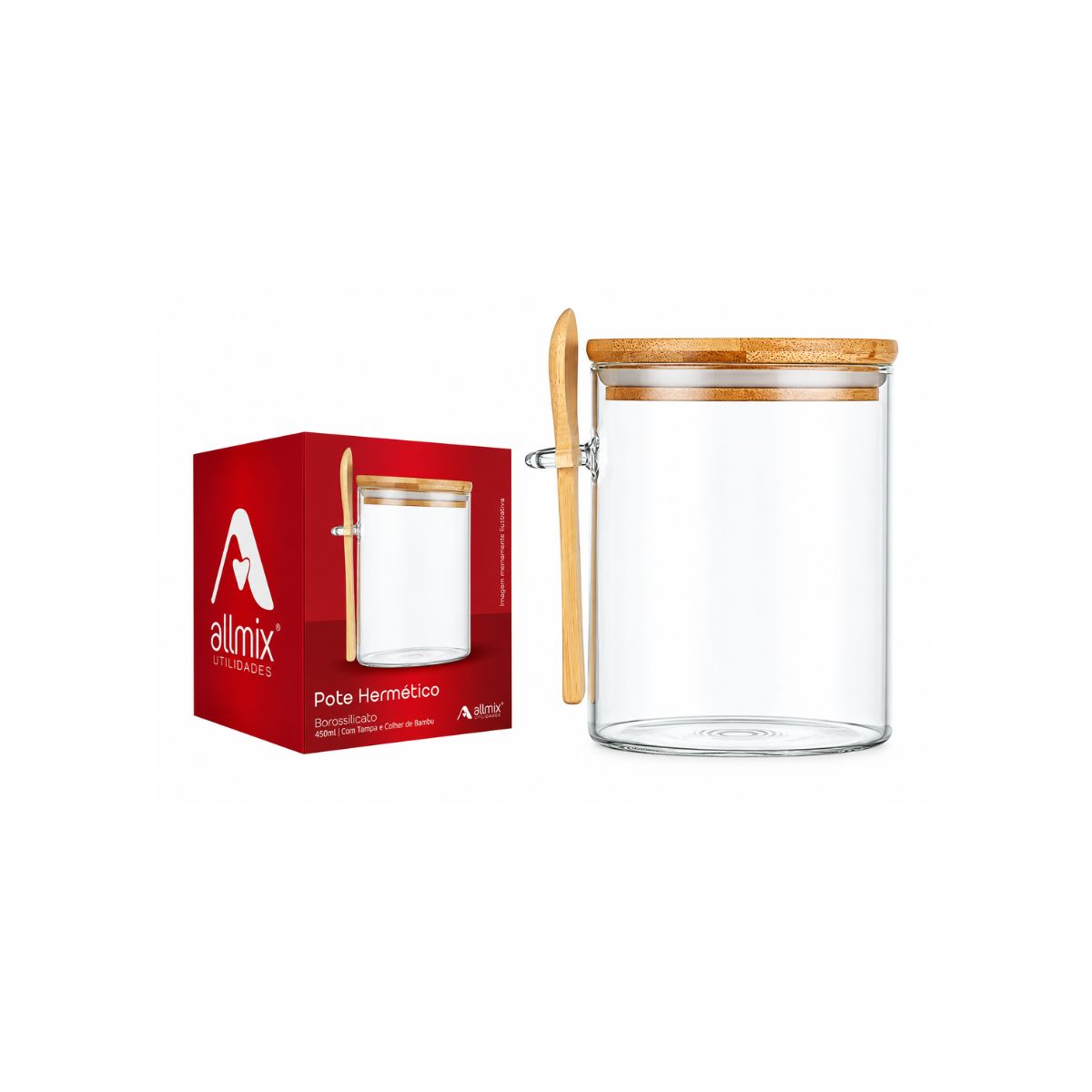 Pote Hermético Borossilicato 450ml Com Colher de Bambu -Allmix