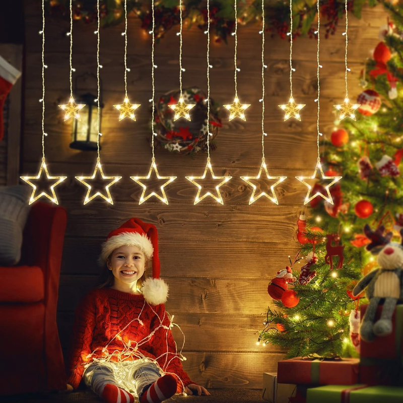 Cascata  138Led Estrela Com 8 Funções Branco Quente - 220V