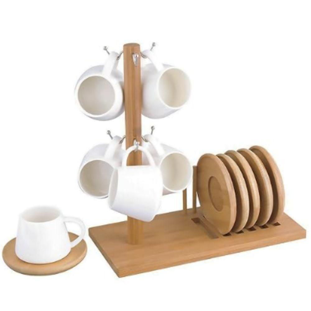 Jogo 6 Xicaras P/ café 90ml Pires e Suporte Bambu Hauskraft