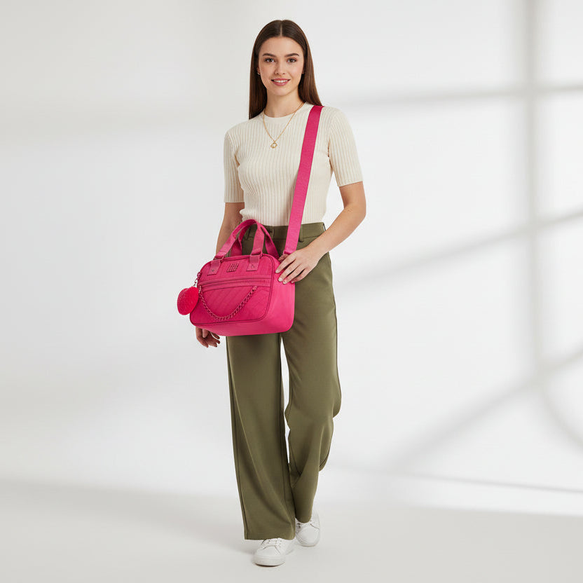 Bolsa Baú Rosa Feminina Rebecca Bonbon Transversal Corrente