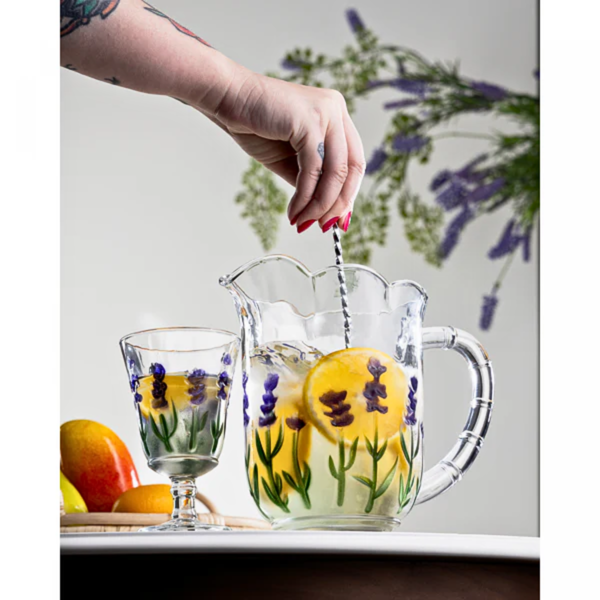 Conjunto Jarra 6 Taças Lavanda Hand Painting Cristal Lyor
