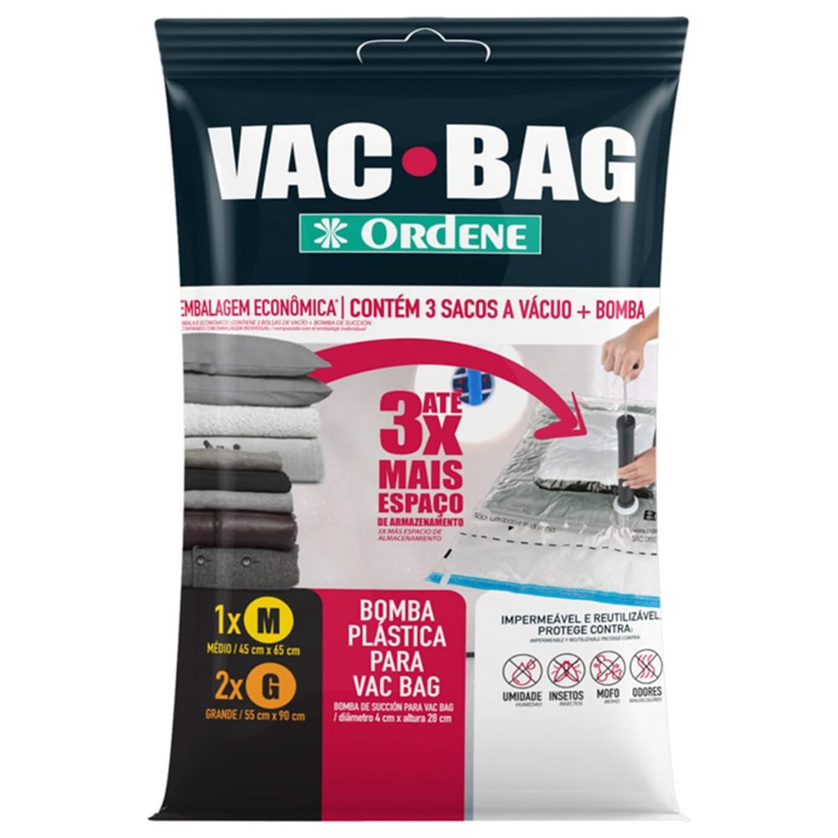 Conjunto Sacos A Vacuo 1 Medio 2 Grandes Com Bomba Manual