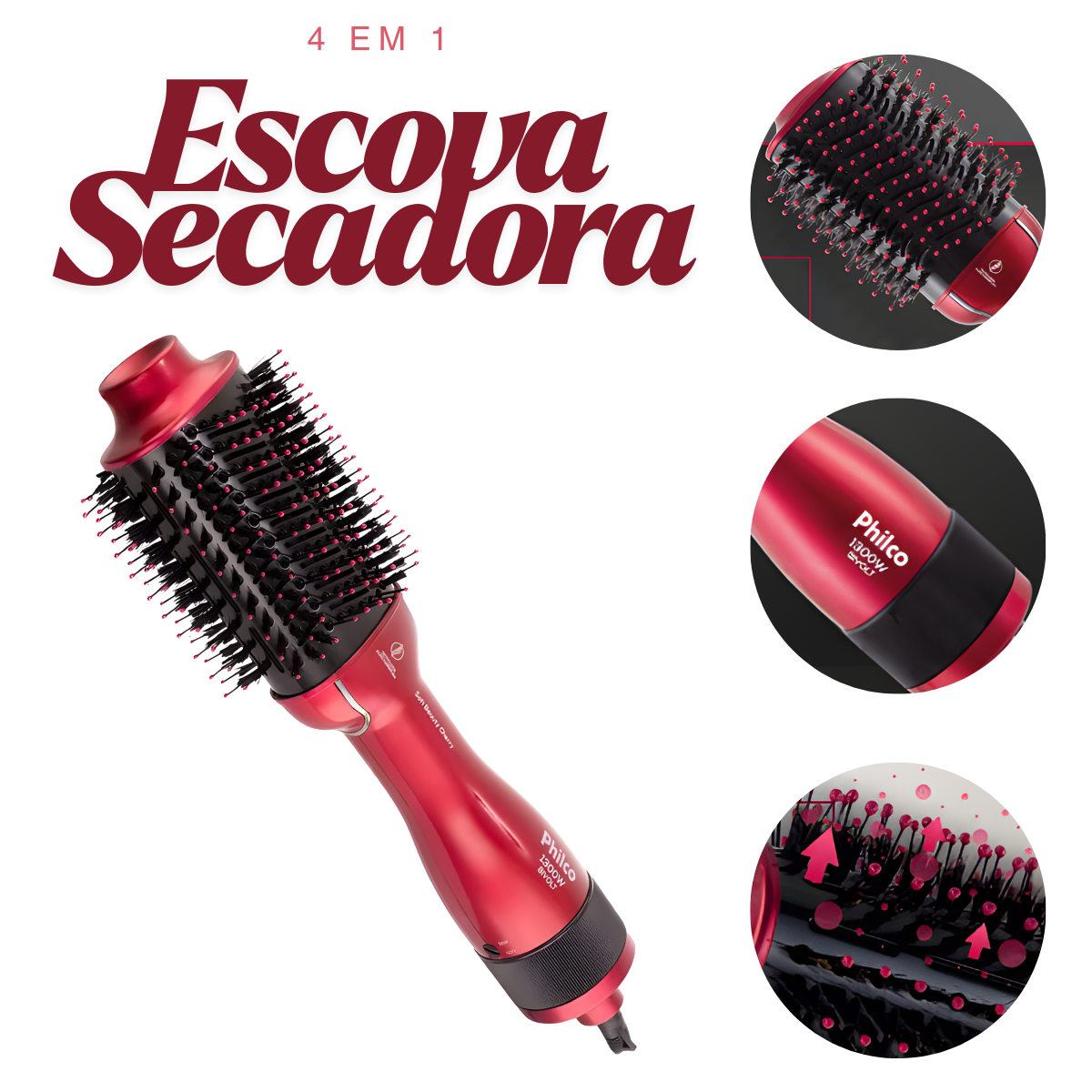 Escova Secadora Philco 4 em 1 Bivolt Soft Beauty Cherry