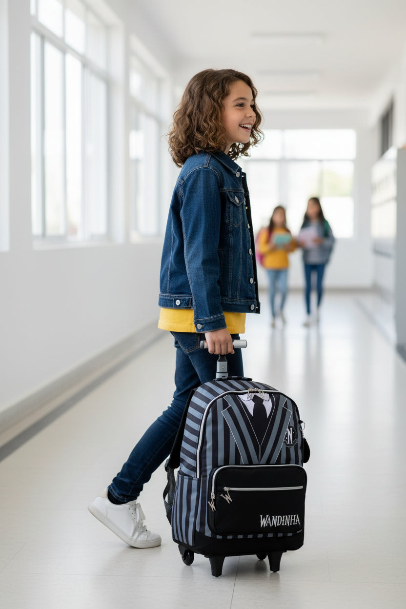 Mochila De Rodinhas Wandinha Uniforme Preto - Luxcel