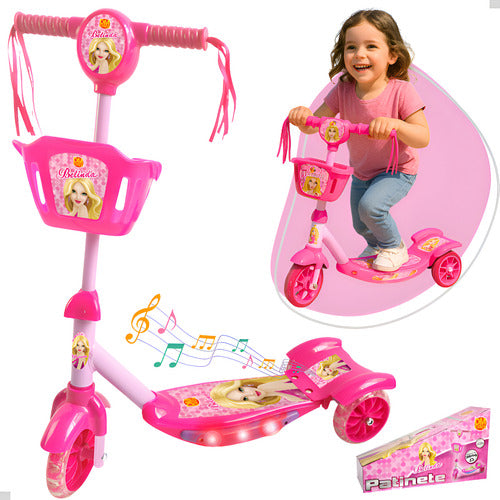 Patinete Com Cestinha Rosa Com Luz E Sons Belinda