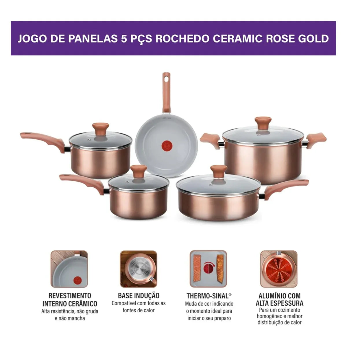 Jogo De Panelas 5 PCS Rochedo Ceramic Rose Gold C464S984 - Loja Do Thor
