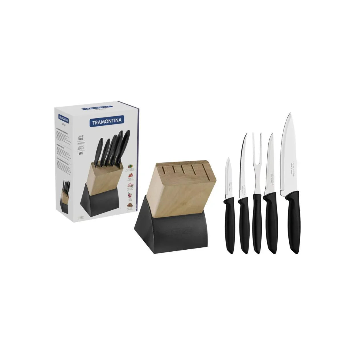 Jogo de Facas 6 Peças com Cepo Tramontina Inox Plenus Preto 23498028 - Loja Do Thor