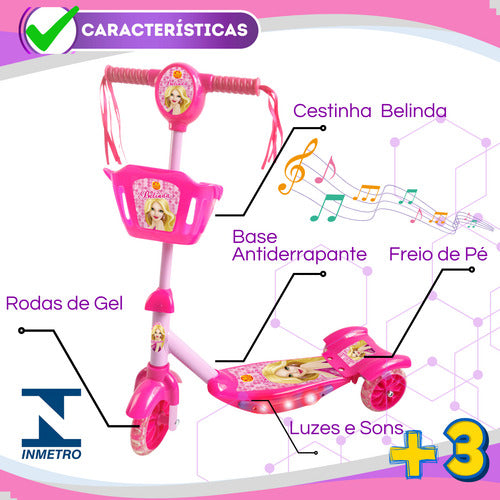 Patinete Com Cestinha Rosa Com Luz E Sons Belinda
