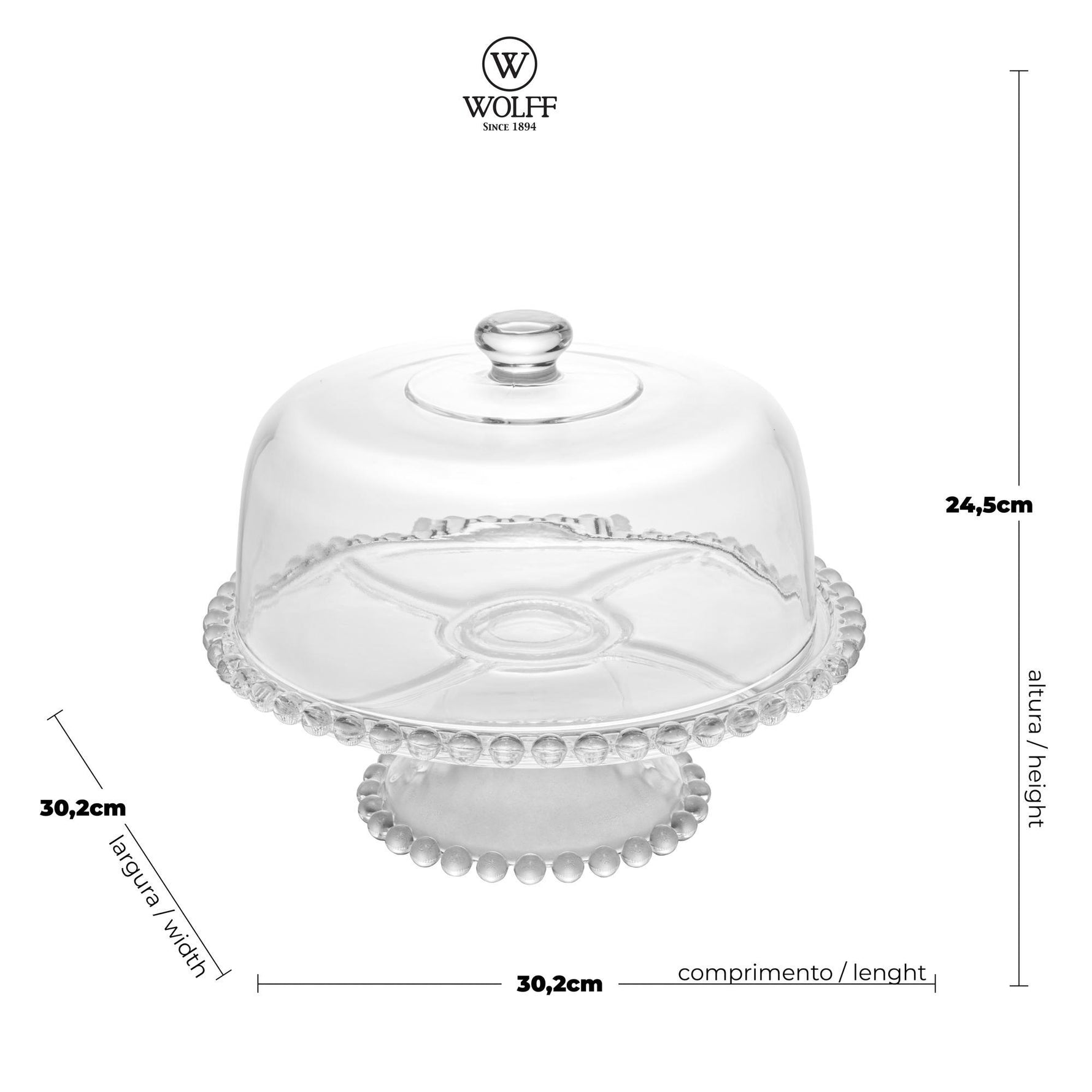 PRATO P/BOLO CRISTAL DE CHUMBO C/PE E TAMPA PEARL 31x25cm