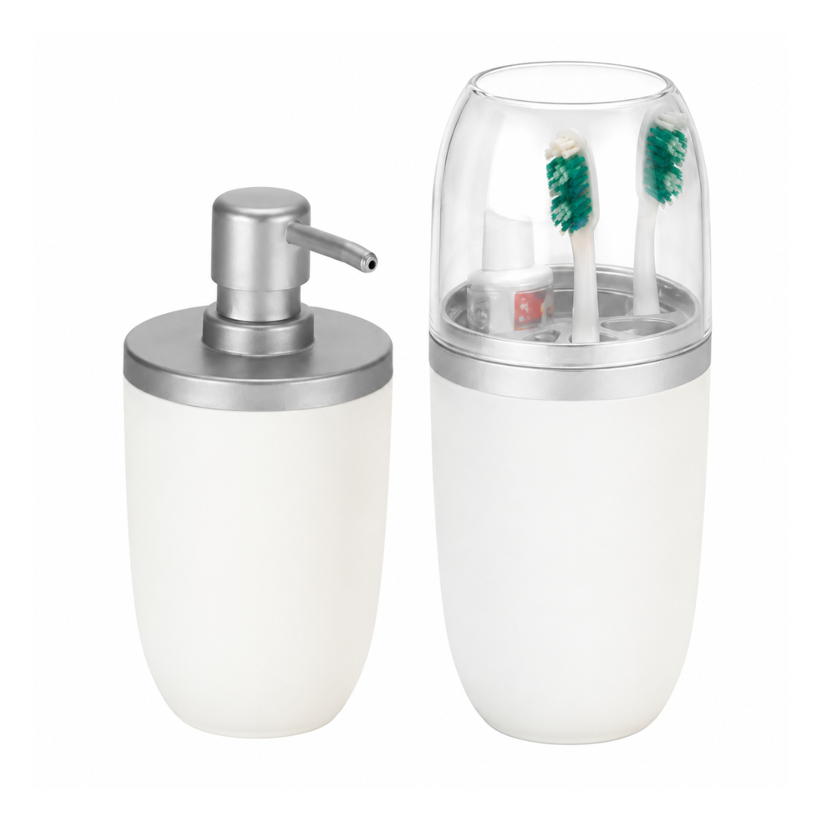 Kit Porta Sabonete Líquido 500ml  e Porta Escova Branco Com Prata  - Arthiz