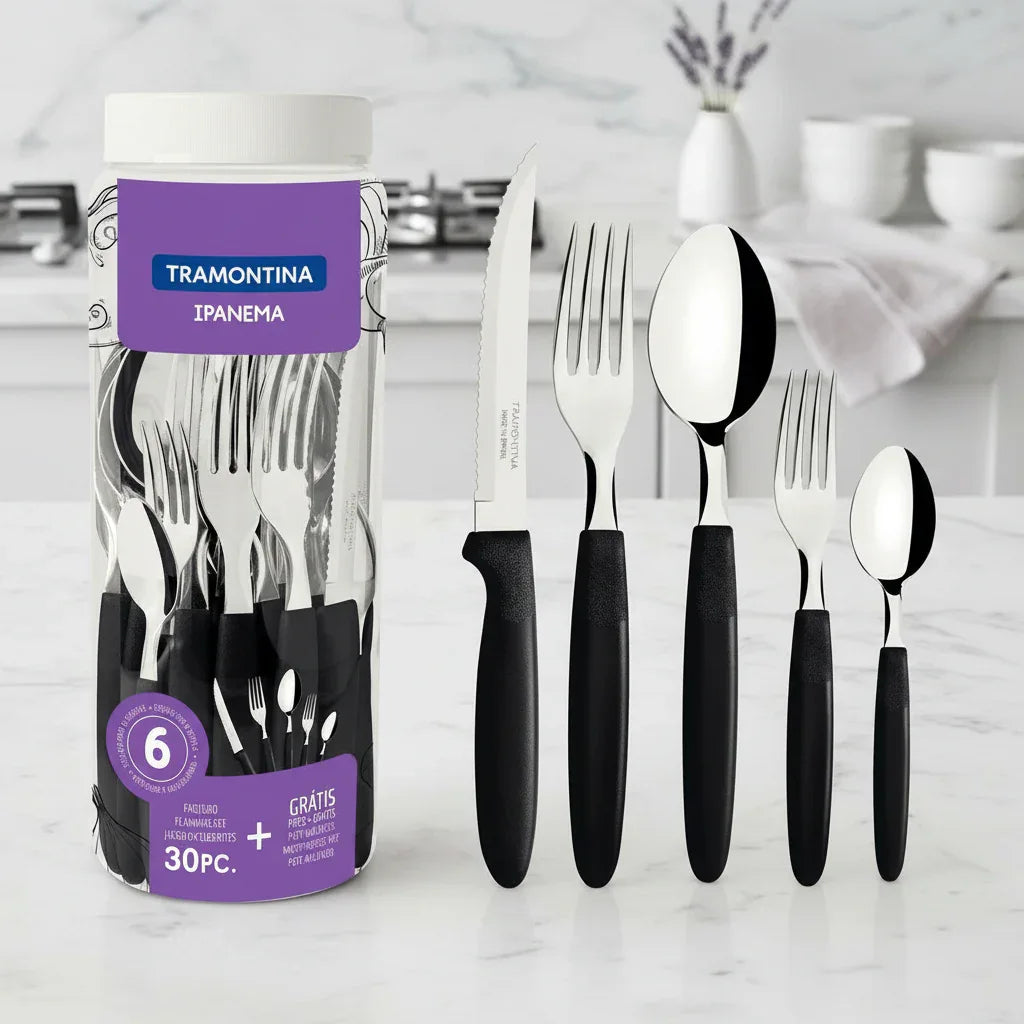 Conjuntos de talheres 30Pçs Ipanema Preto Lâminas Aço Inox Tramontina - Loja Do Thor