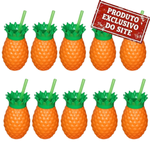 Kit com 10 Copos Abacaxi com Canudo e Tampa para Festa Tropical