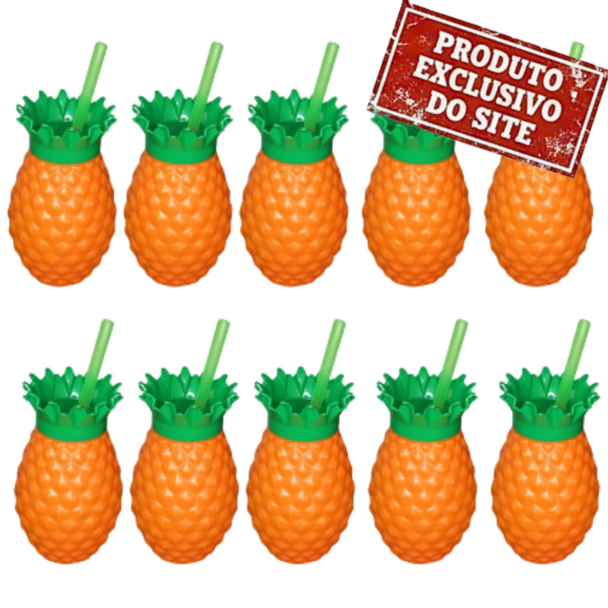 Kit com 10 Copos Abacaxi com Canudo e Tampa para Festa Tropical