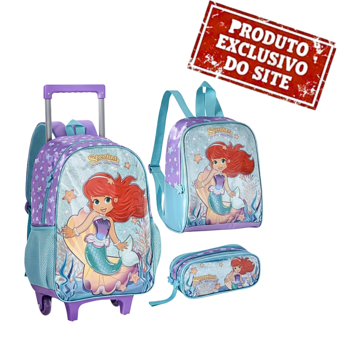 Kit Mochila Carrinho 16 Estojo e Lancheira Sereias Encantos