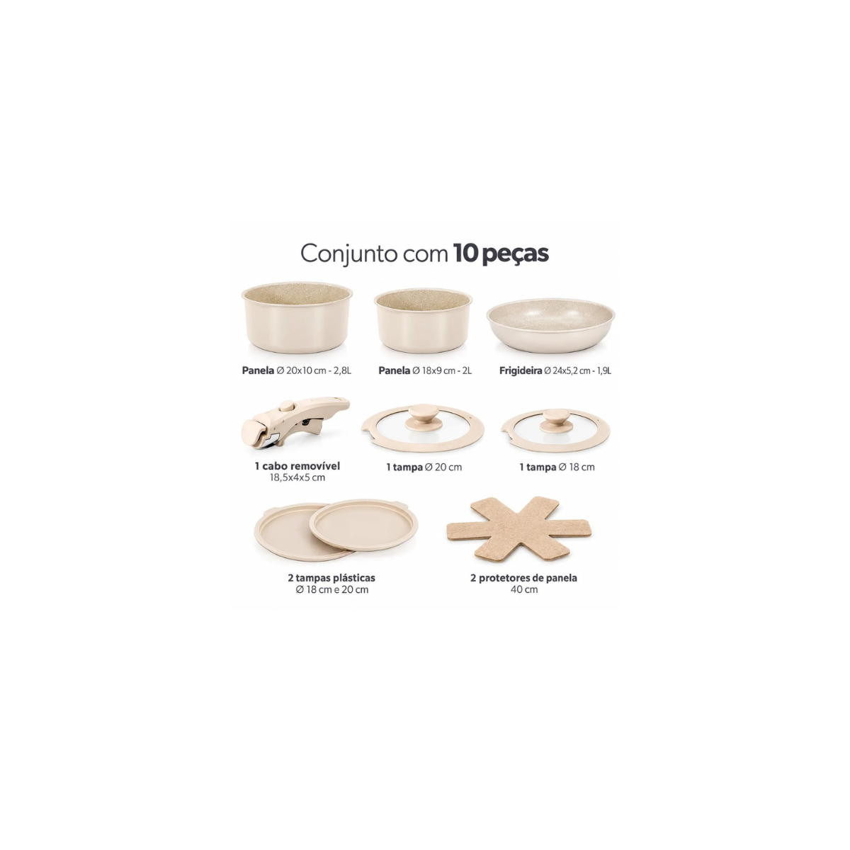 Conjunto de Panelas 10 Peças Com Cabo Removível Marfim- Class Home