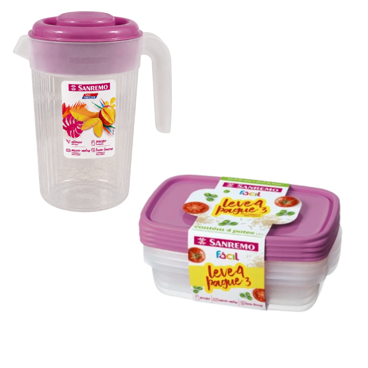 Kit Jarra 2L Lilás + 3 Potes 1,8L Lilás Sanremo