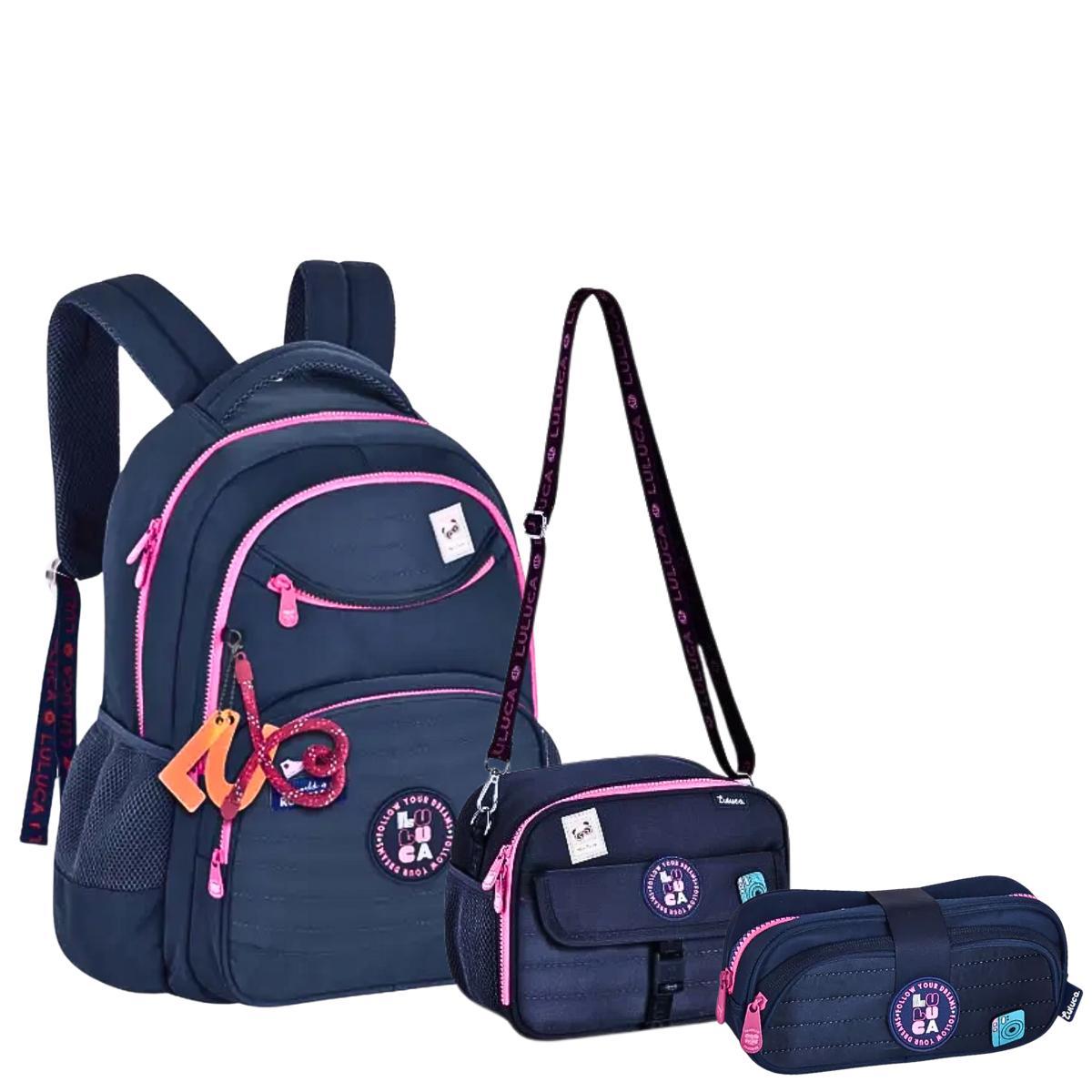 Kit Mochila Costas Lancheira e Estojo Azul Luluca