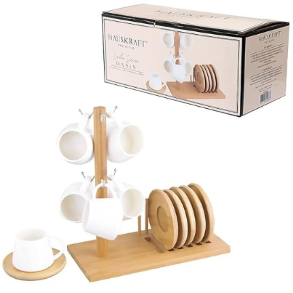 Jogo 6 Xicaras P/ café 90ml Pires e Suporte Bambu Hauskraft