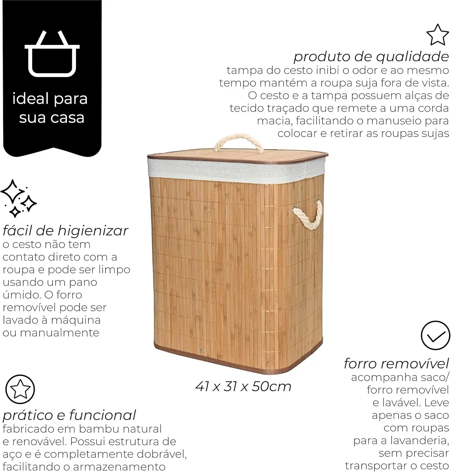 Cesto De Roupa Suja Em Bambu Com Tampa Banheiro E Lavanderia - Loja Do Thor