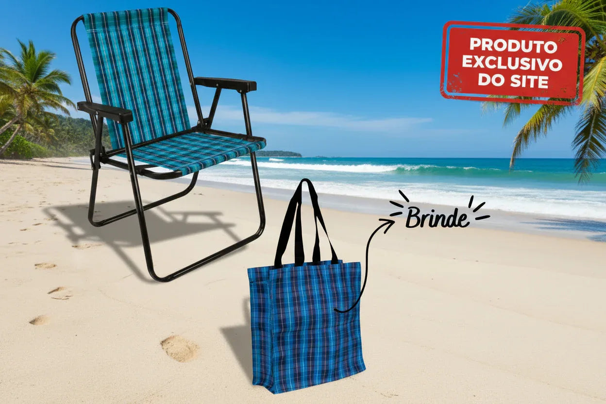 Cadeira De Praia Alta Xadrez Azul Marine Mor - Loja Do Thor