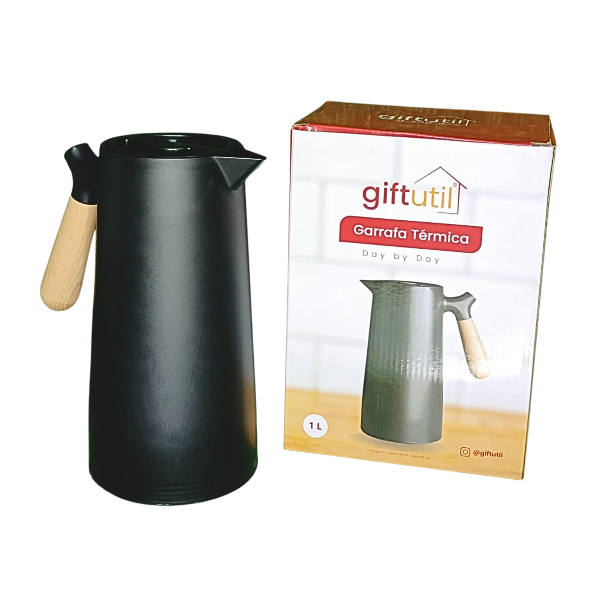 Garrafa Térmica Cabo de Madeira 1 Litro Preta - Giftutil