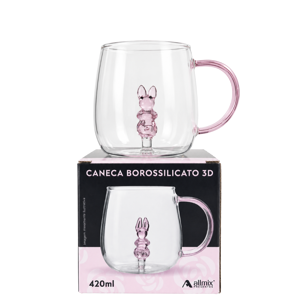 Caneca Borossilicato  Coelho 3D 420ml -Allmix