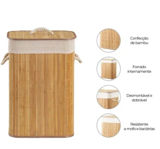 Cesto De Roupa Suja Em Bambu Com Tampa Banheiro E Lavanderia - Loja Do Thor