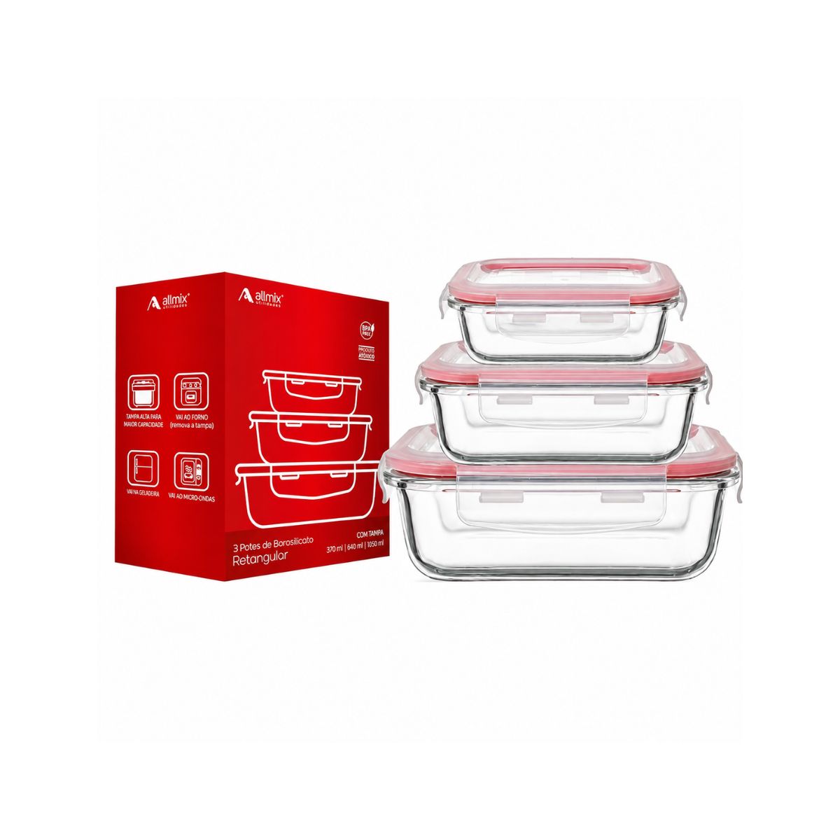 Conjunto De 3 Potes Borossilicato Retangular - Allmix 101103