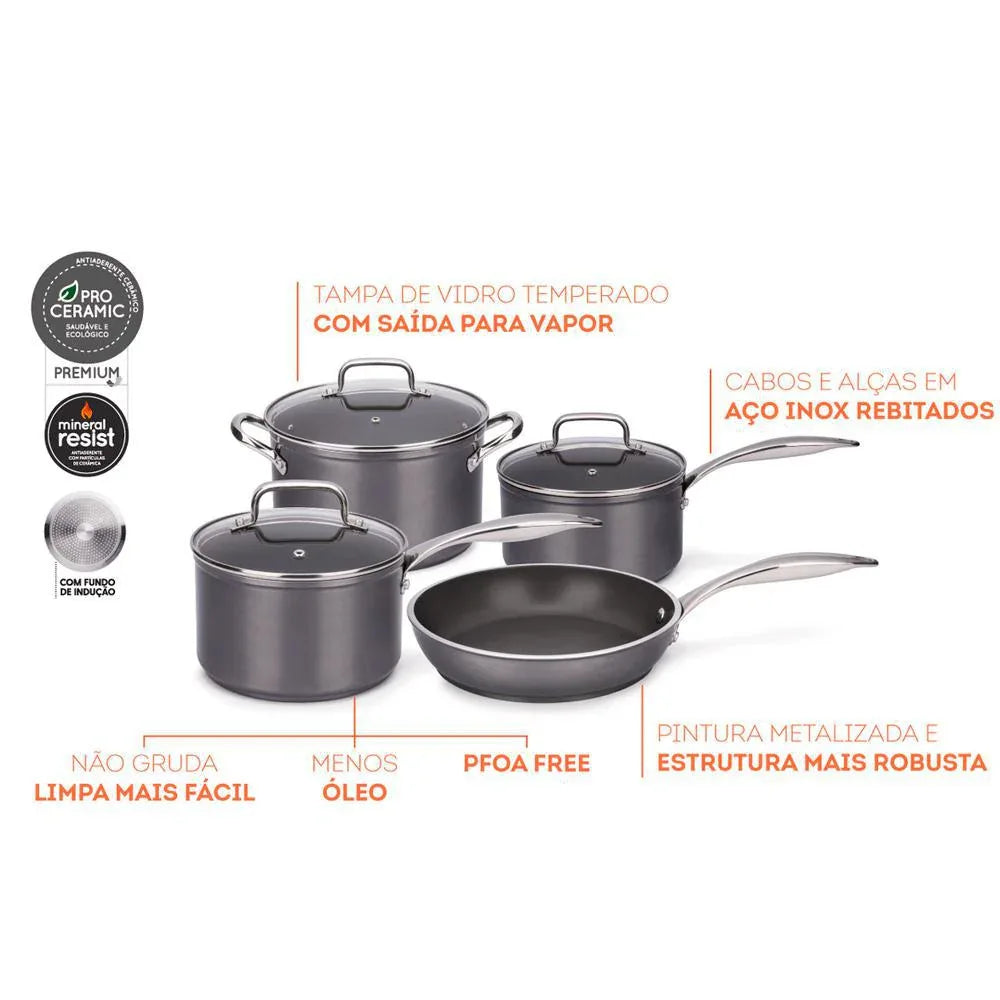 Jogo De Panelas Brinox 4 Pecas Inducao Ceramic Unique Cinza - Loja Do Thor